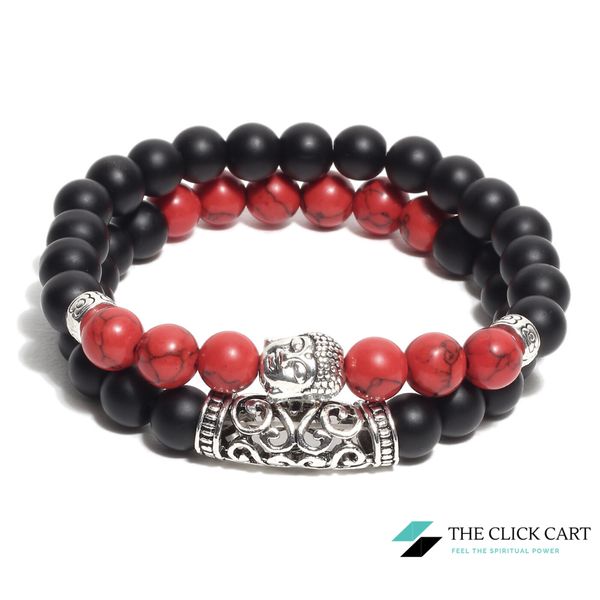 TCC™ Natural Red Turquoise & Matt Black Agate Stone Buddha Alloy Bracelet